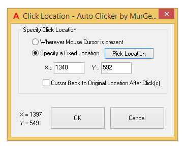 Configure the Clicker to Click at Current Mouse Cursor Location or at Fixed Screen Location